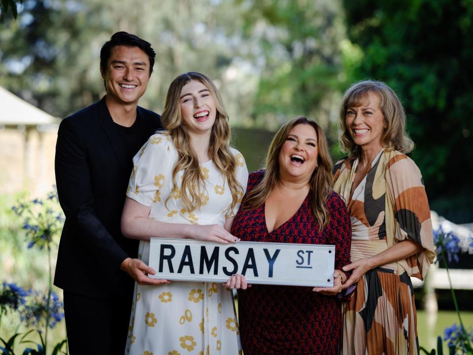 tim kano, georgie stone, rebekah elmaloglou annie jones in neighbours revival promotional pictures