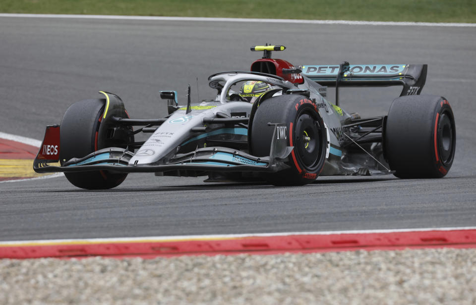 Mercedes driver Lewis Hamilton of Britain steers his car during the qualifying session ahead of the Formula One Grand Prix at the Spa-Francorchamps racetrack in Spa, Belgium, Saturday, Aug. 27, 2022. The Belgian Formula One Grand Prix will take place on Sunday. (AP Photo/Olivier Matthys)