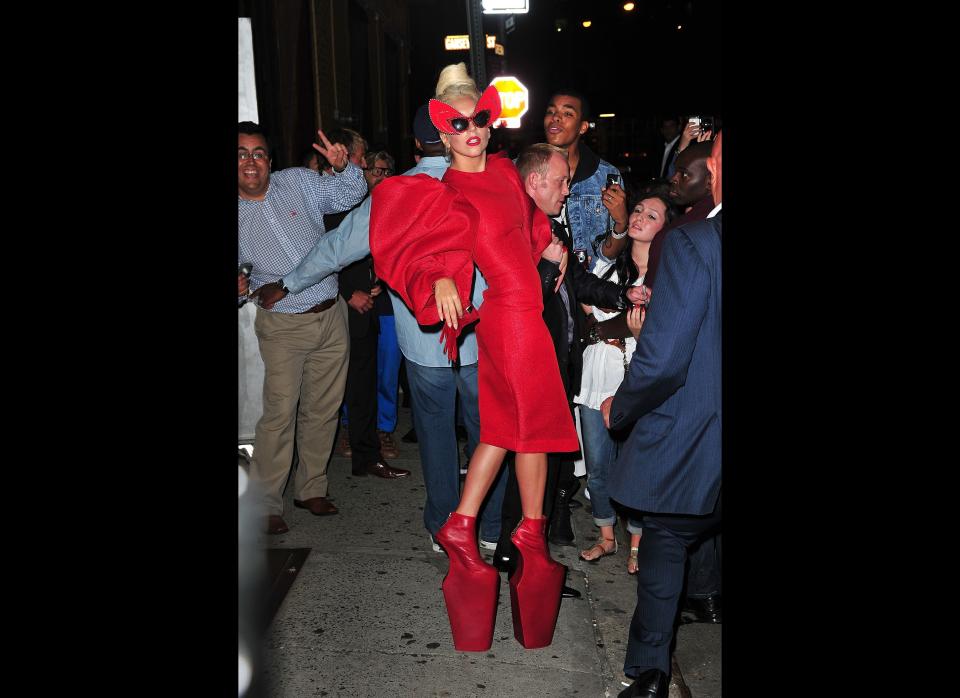 The crimson towers on her feet aren't even the most distracting part of this look.    September 2011, New York City  (Photo Credit: Getty Images)