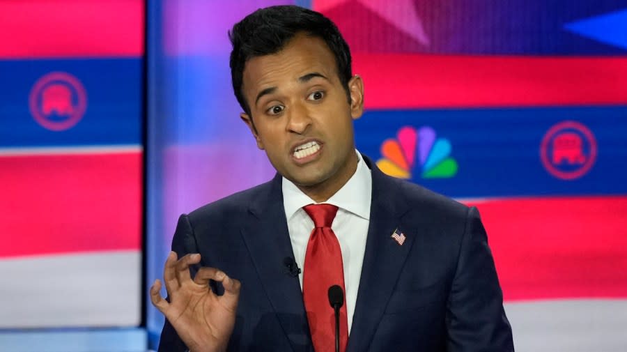 Republican presidential candidate businessman Vivek Ramaswamy speaks during a Republican presidential primary debate hosted by NBC News, Wednesday, Nov. 8, 2023, at the Adrienne Arsht Center for the Performing Arts of Miami-Dade County in Miami.