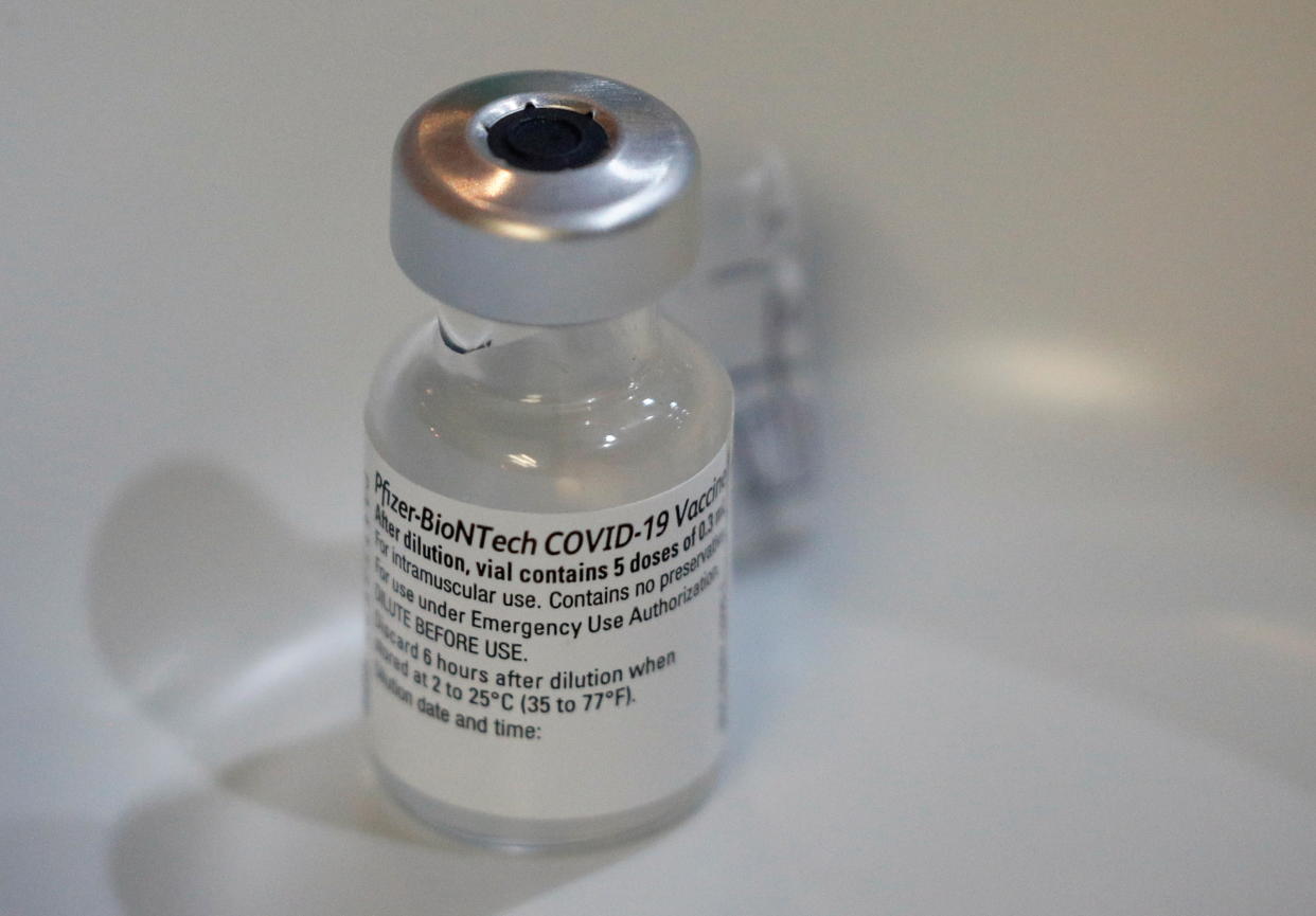 A vial of Pfizer-BioNTech vaccine is pictured at Gleneagles hospital's vaccination exercise for healthcare workers, during the coronavirus disease (COVID-19) outbreak, in Singapore January 19, 2021. REUTERS/Edgar Su