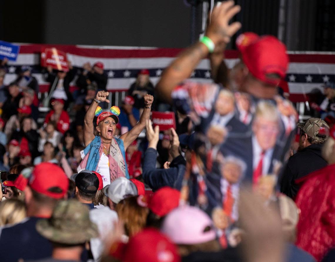 The crowd reacts as former president Donald Trump speaks during a rally at Wilmington International Airport on Friday, Sept. 23, 2022.