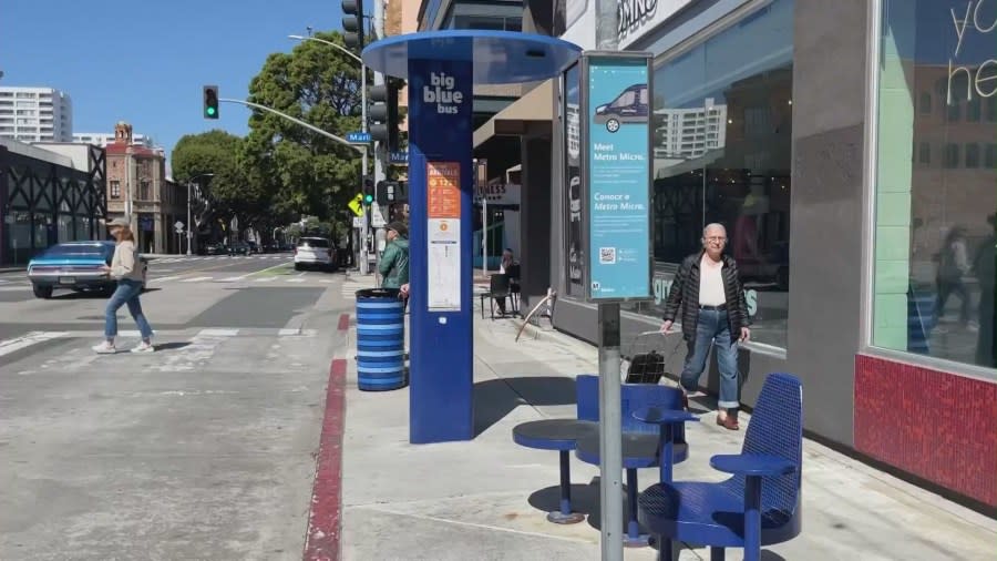 Bus stop in Santa Monica where a 6-year-old girl was attacked by a homeless man on March 10, 2024. (KTLA)