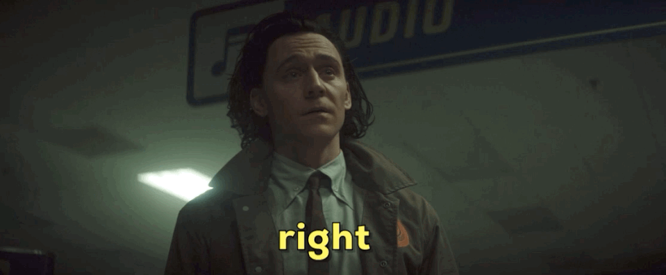 Tom Hiddleston saying "Right" as Loki, to Lady Loki.