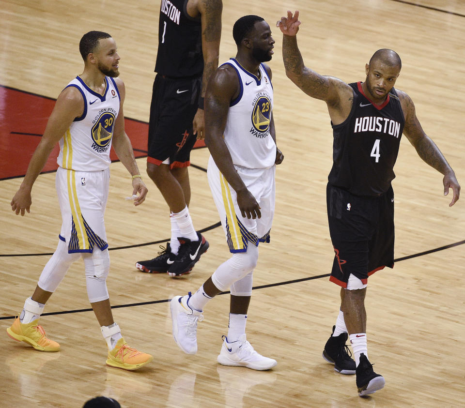 PJ Tucker and the Rockets came up with the big plays they needed late to knock off Stephen Curry, Draymond Green and the Warriors, and take a 3-2 lead in the Western Conference finals. (AP)