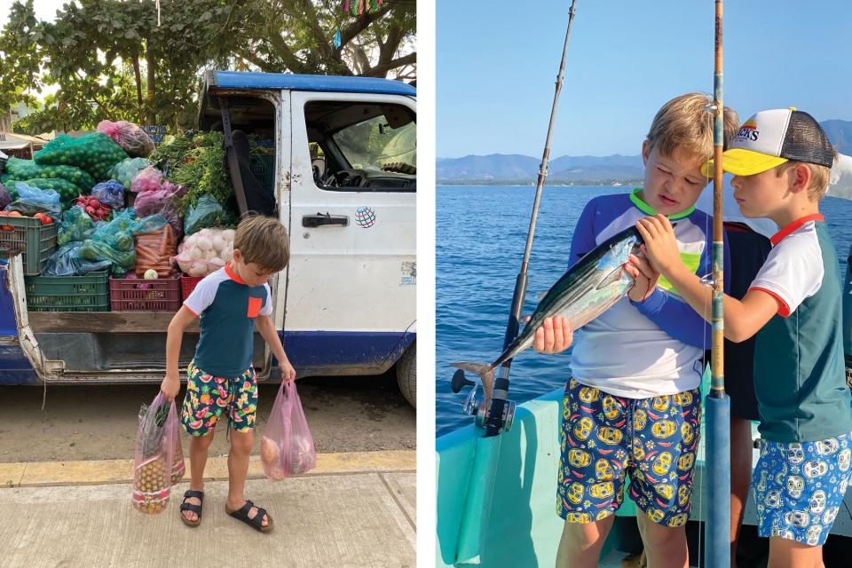 Young boy carrying bags of fresh fruit. Two young boys catch and inspect fish. Both in Zihuatanejo, Mexico