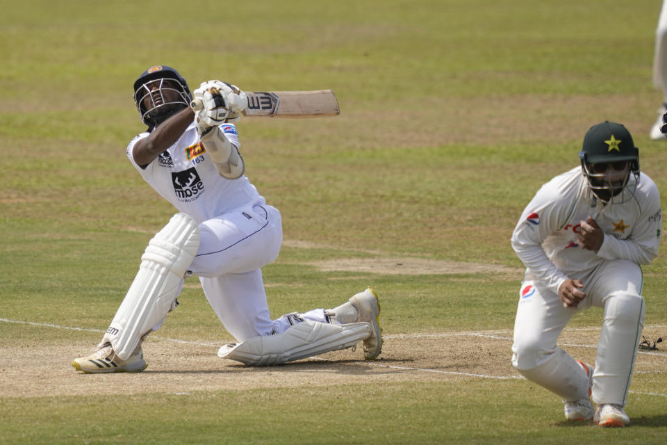 Sri Lanka's Nishan Madushka plays a shot during the fourth day of the first cricket test match between Sri Lanka and Pakistan in Galle, Sri Lanka, Wednesday, July 19, 2023. (AP Photo/Eranga Jayawardena)
