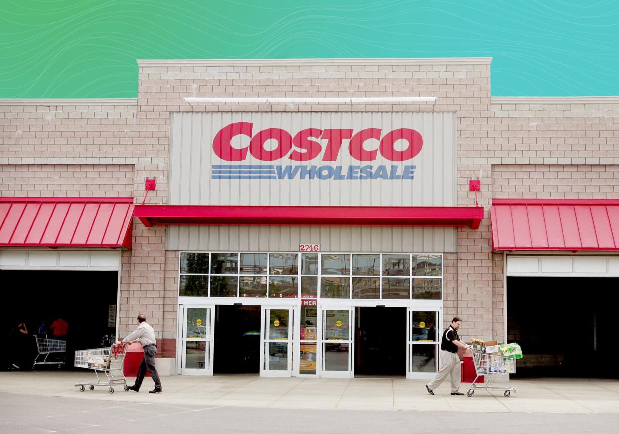 Costco storefront on a designed background