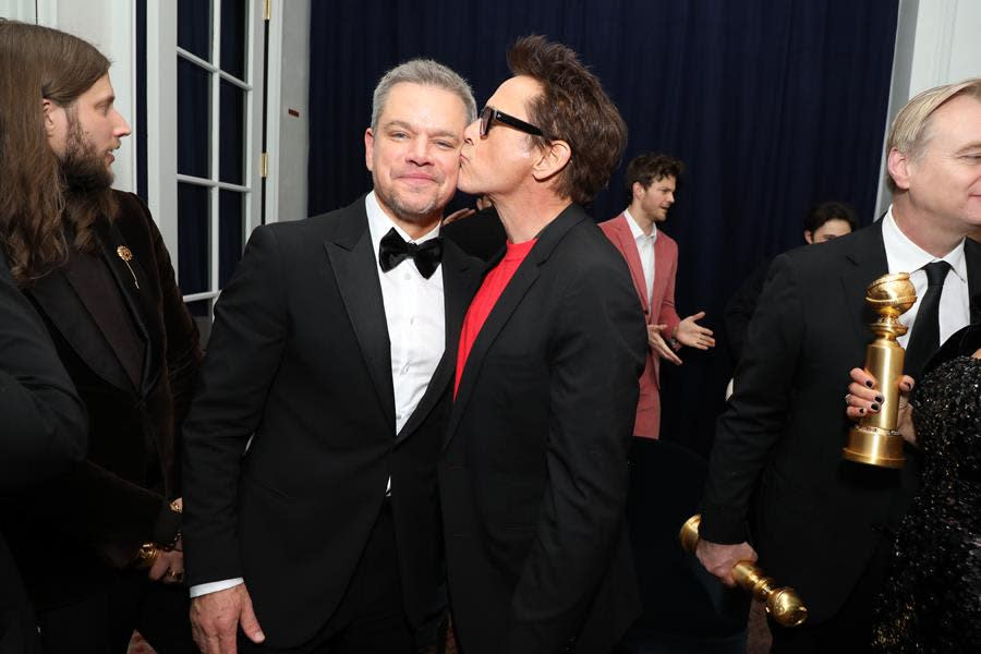 “Oppenheimer” stars Matt Damon (Left) and Robert Downey Jr. (Right) were feeling the multiple-winning love at the Universal Pictures post-Golden Globes bash, along with winning composer Ludwig Göransson (Far left) and director Christopher Nolan (Far right) at Tommy’s Beverly Hills. (Alex Berliner ABImages)