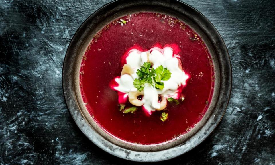 Borscht with sour cream and dumplings.