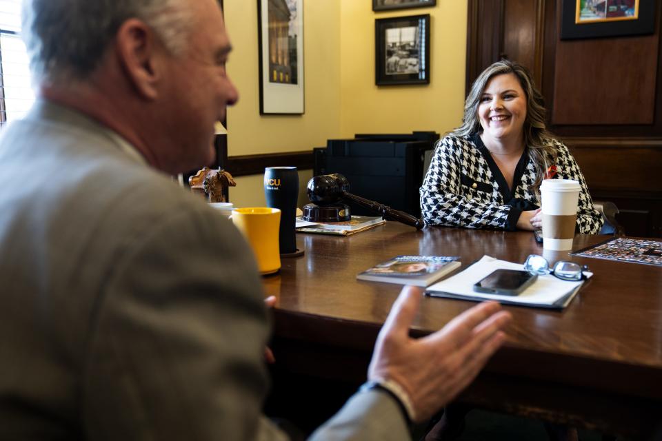 Mar 7, 2024; Washington D.C.,USA; Elizabeth Carr, the first IVF baby to be born in the U.S., speaks with Sen. Tim Kaine (D-Va.) in his office the afternoon before the State of the Union, where Carr will be attending as Sen. Kaine’s guest Thursday, March 7, 2024.. Mandatory Credit: Josh Morgan-USA TODAY ORG XMIT: USAT-873105 [Via MerlinFTP Drop]