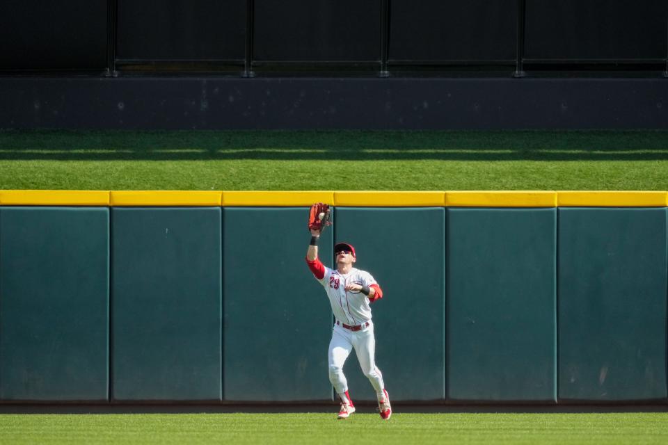 The Reds are not only missing TJ Friedl's offense and base running to begin this season, but also his stellar defense in center field. In his absence, the Reds' outfield play has shown improvement.