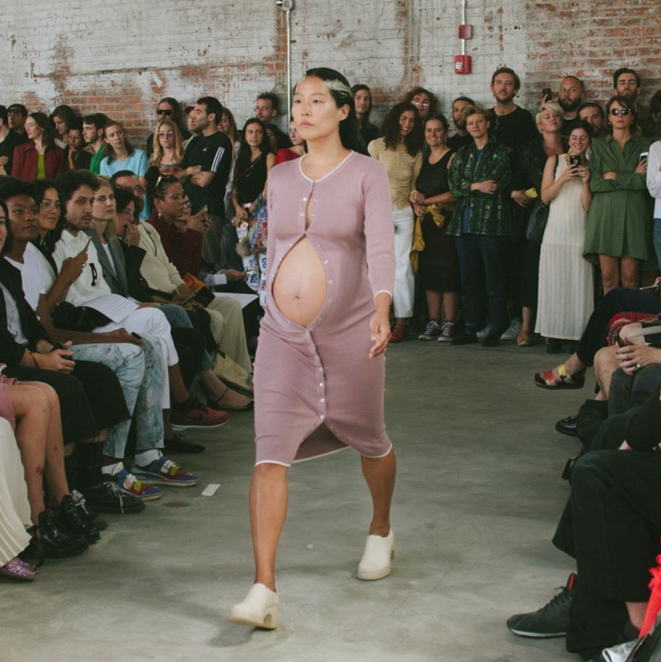 Design duo Eckhaus Latta sent a heavily pregnant model down the runway. (Photo: Instagram/unwrinkling)