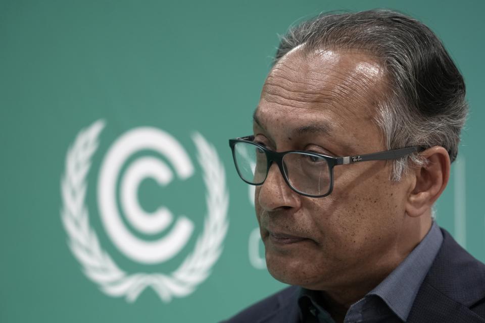 Ani Dasgupta, president of the World Resources Institute, speaks during an interview with The Associated Press at the COP28 U.N. Climate Summit, Friday, Dec. 8, 2023, in Dubai, United Arab Emirates. (AP Photo/Joshua A. Bickel)