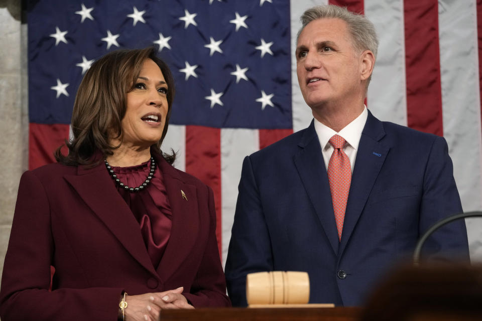 Vice President Kamala Harris and House Speaker Kevin McCarthy of Calif., talk before President Joe Biden delivers the State of the Union address to a joint session of Congress at the U.S. Capitol, Tuesday, Feb. 7, 2023, in Washington.(AP Photo/Jacquelyn Martin, Pool)