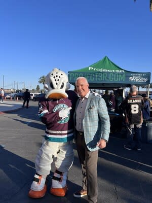 Michael Stivala, President and CEO, Suburban Propane, enjoys the Anaheim Ducks’ Green Night on April 9th with Ducks team mascot, Wild Wing.