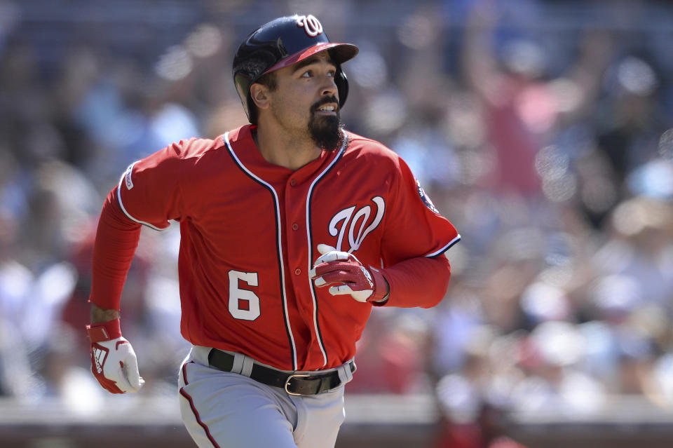 Washington Nationals' Anthony Rendon watches his home run during the eighth inning of a baseball game against the San Diego Padres Sunday, June 9, 2019, in San Diego. (AP Photo/Orlando Ramirez)