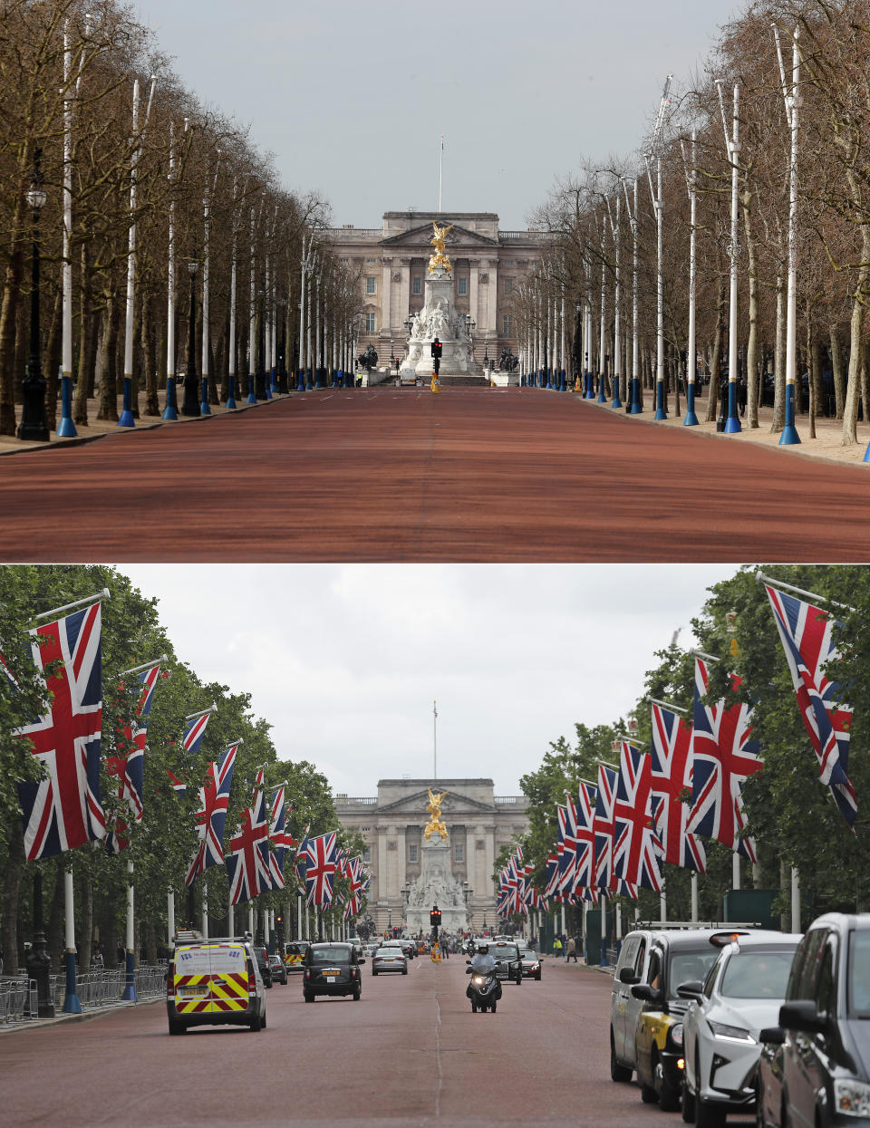 A combo of images shows Union flags flying on the Mall leading to Buckingham Palace in preparation for the State Visit of US President Donald Trump, in London on Friday, May 31, 2019 and the deserted scene taken from the same angle on Wednesday, April 1, 2020. (AP Photo/Frank Augstein)