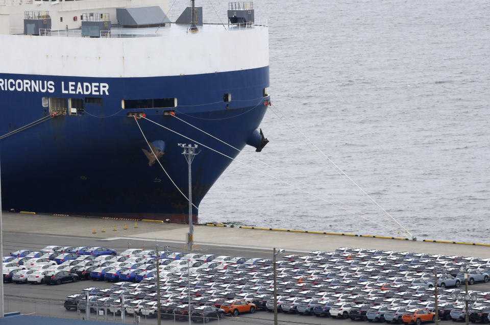 In this July 8, 2019, photo, cars for export are parked at Kawasaki port, near of Tokyo. Japan has logged a third straight month of a trade deficit in September, according to the latest government data, as trade tensions between China and the U.S. crimped exports. Japan’s Finance Ministry reported Monday, Oct. 21, the nation’s trade deficit in September totaled 122.98 billion yen ($1.13 billion). (AP Photo/Koji Sasahara)