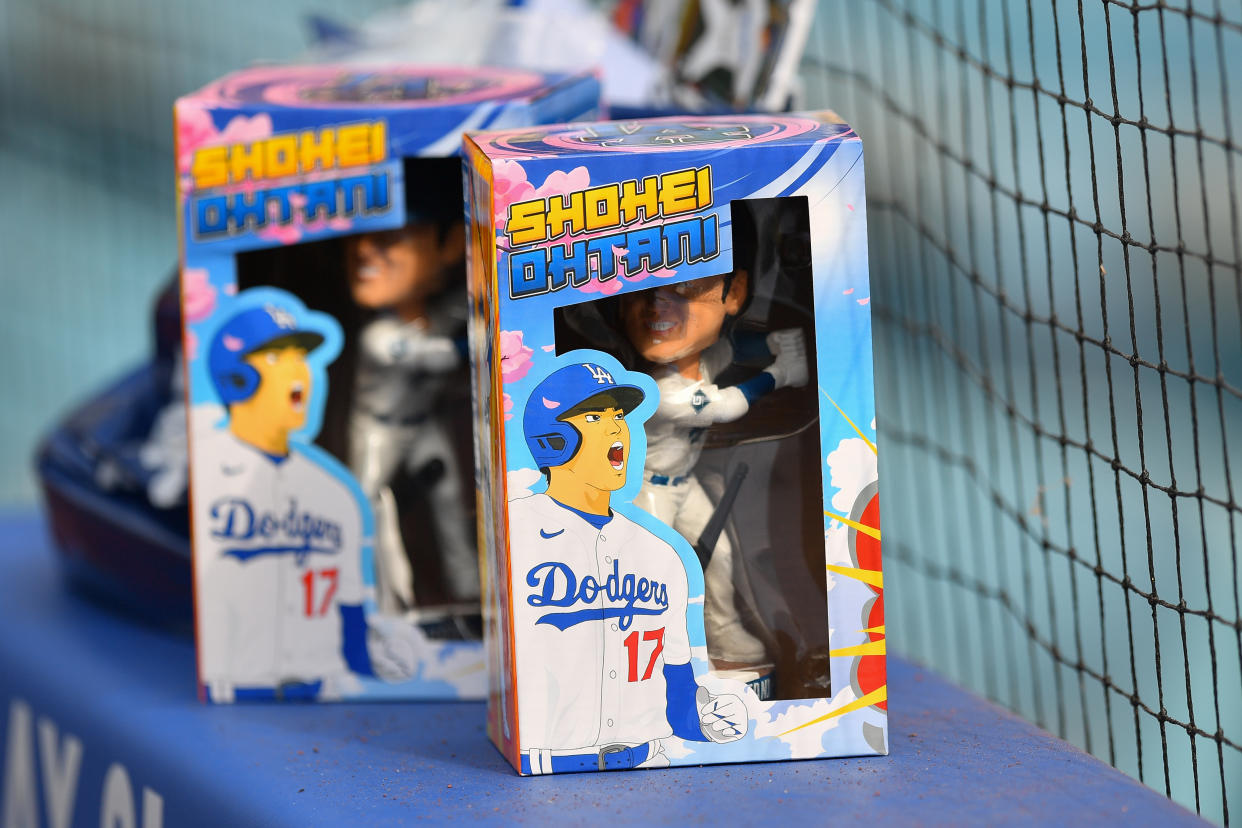 LOS ANGELES, CA - MAY 16: The Los Angeles Dodgers designated hitter Shohei Ohtani bobblehead giveaway before the MLB game between the Cincinnati Reds and the Los Angeles Dodgers on May 16, 2024 at Dodger Stadium in Los Angeles, CA. (Photo by Brian Rothmuller/Icon Sportswire via Getty Images)