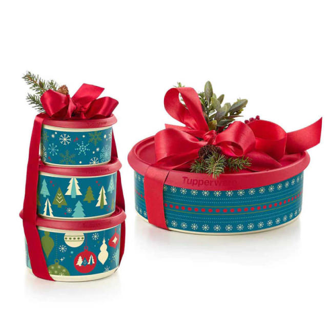 Tupperware Christmas Holiday Stacking Cookie Canisters Containers