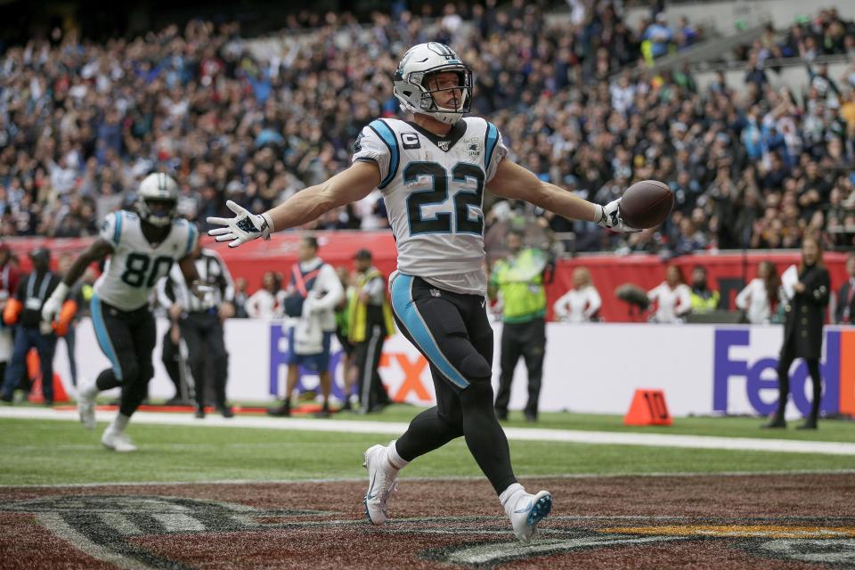 <p>
              Carolina Panthers running back Christian McCaffrey (22) reacts after scoring a touchdown against the Tampa Bay Buccaneers during the second quarter of an NFL football game, Sunday, Oct. 13, 2019, at Tottenham Hotspur Stadium in London. (AP Photo/Tim Ireland)
            </p>