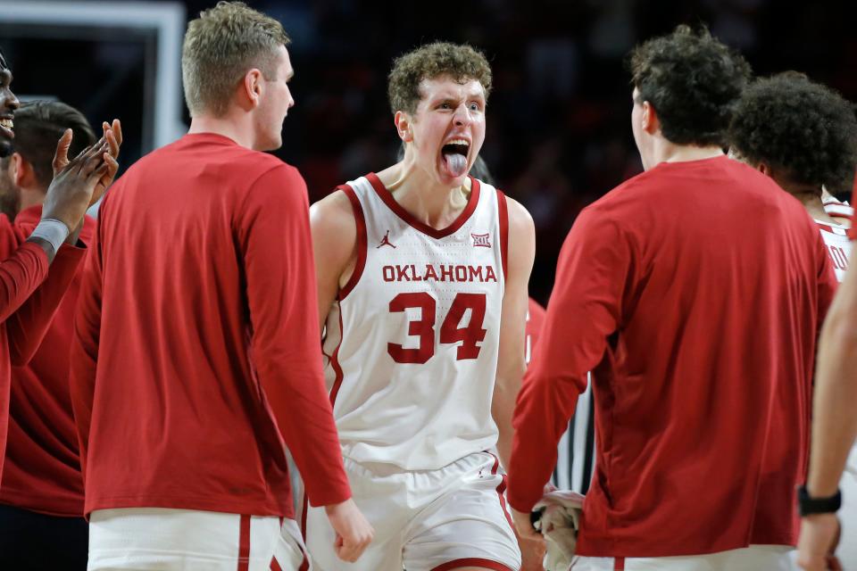 Oklahoma Sooners forward Jacob Groves (34) celebrates after making a 3-pointer during an NCAA men's college basketball game between the University of Oklahoma and Texas at Lloyd Noble Center in Norman, Okla., Saturday, Dec. 31, 2022. Texas won 70-69.