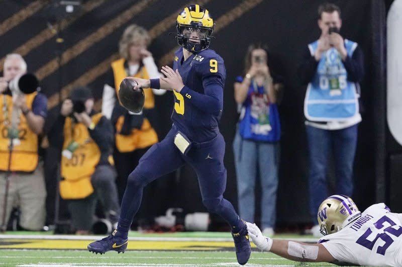 Look for the Minnesota Vikings to trade up and select former Michigan Wolverines quarterback J.J. McCarthy in the 2024 NFL Draft. File Photo by Kevin M. Cox/UPI