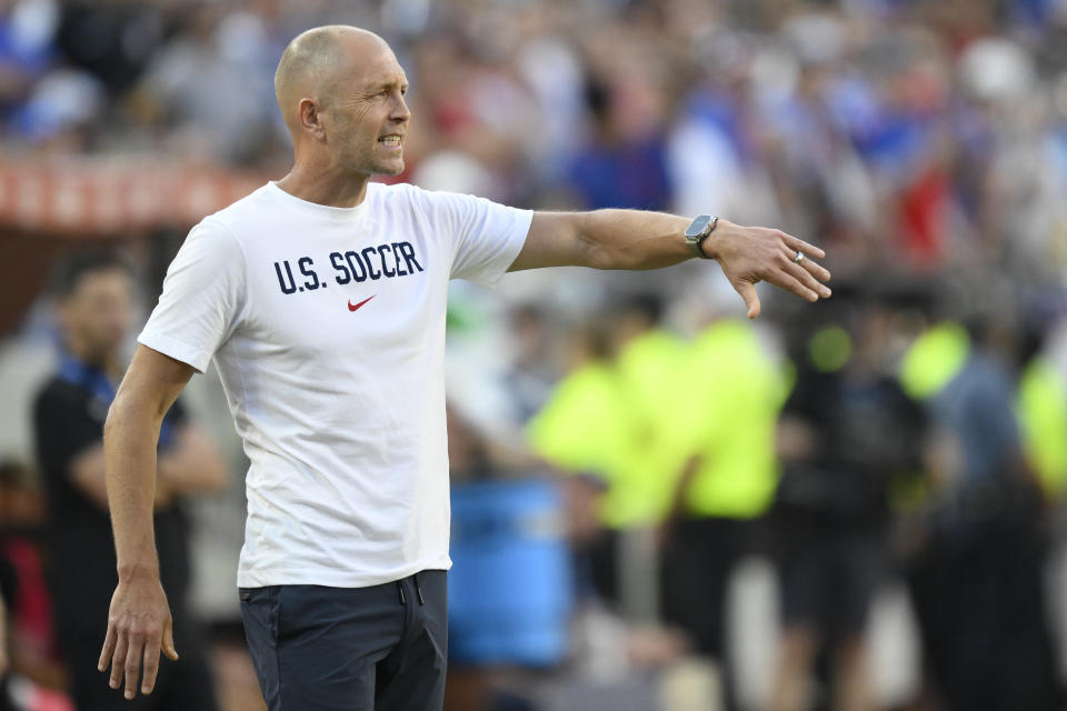 Coach Gregg Berhalter of the United States directs his players during a Copa America Group C soccer match against Uruguay in Kansas City, Mo., Monday, July 1, 2024. (AP Photo/Reed Hoffman)