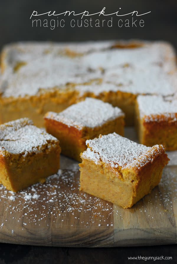 <p>Pumpkin pie-like texture is topped with fluffy cake and powdered sugar. Warmed up, this creative dessert is even better.</p><p><strong><em>Get the recipe at <a href="http://www.thegunnysack.com/pumpkin-magic-custard-cake-recipe/#_a5y_p=3526786" rel="nofollow noopener" target="_blank" data-ylk="slk:The Gunny Sack;elm:context_link;itc:0;sec:content-canvas" class="link ">The Gunny Sack</a>.</em></strong></p>