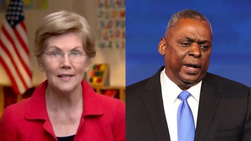 Massachusetts Sen. Elizabeth Warren (left) does not plan to vote for a waiver allowing retired U.S. Army General Lloyd Austin (right), <span class="caas-xray-inline-tooltip"><span class="caas-xray-inline caas-xray-entity caas-xray-pill rapid-nonanchor-lt" data-entity-id="Joe_Biden" data-ylk="cid:Joe_Biden;pos:2;elmt:wiki;sec:pill-inline-entity;elm:pill-inline-text;itc:1;cat:OfficeHolder;" tabindex="0" aria-haspopup="dialog"><a href="https://search.yahoo.com/search?p=Joe%20Biden" data-i13n="cid:Joe_Biden;pos:2;elmt:wiki;sec:pill-inline-entity;elm:pill-inline-text;itc:1;cat:OfficeHolder;" tabindex="-1" data-ylk="slk:Joe Biden;cid:Joe_Biden;pos:2;elmt:wiki;sec:pill-inline-entity;elm:pill-inline-text;itc:1;cat:OfficeHolder;" class="link ">Joe Biden</a></span></span>’s defense secretary nominee, to serve in the position. (Photos by DNCC via Getty Images and Chip Somodevilla/Getty Images)