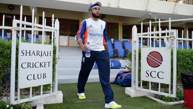 The Yorkshire leg-spinner strides out for practice in Sharjah on Sunday.