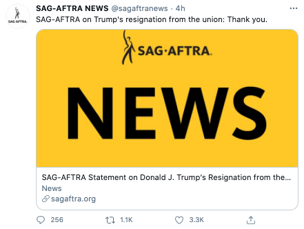 SAG-AFTRA had a two-word response to Trump's resignation: 'Thank you.' Photo: Twitter.