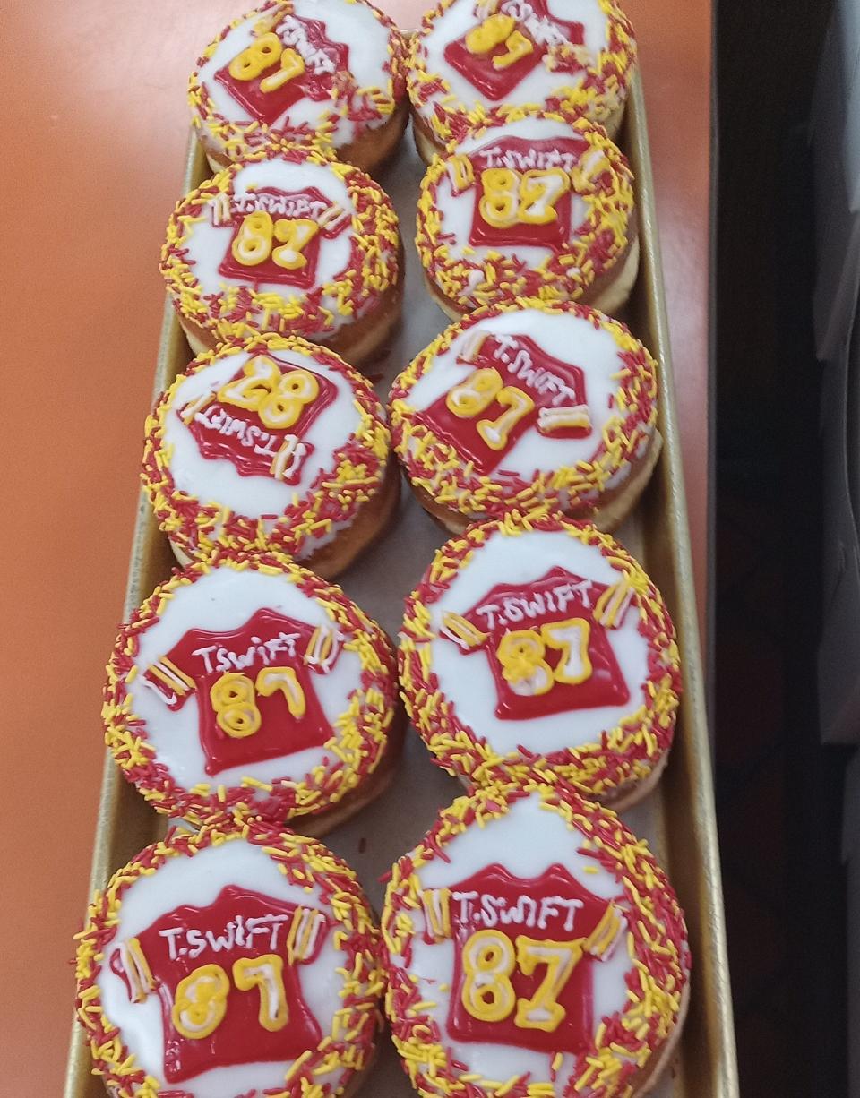 Donut King on Middle Street in east Weymouth has a hit on its hands with these doughnuts bearing the jersey of Kansas City Chiefs tight end Travis Kelce and his megastar girlfriend, Taylor Swift.