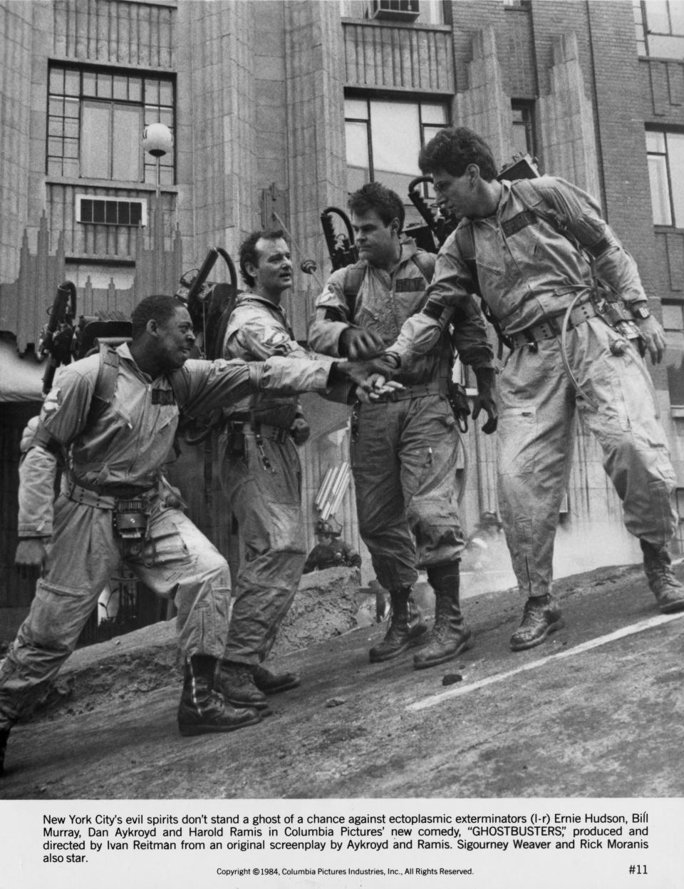 Left to right: Ernie Hudson, Bill Murray, Dan Aykroyd and Harold Ramis (1944 - 2014) as paranormal investigators in Ivan Reitman's 1984 comedy 'Ghostbusters'. (Photo by Columbia Pictures/Archive Photos/Getty Images)