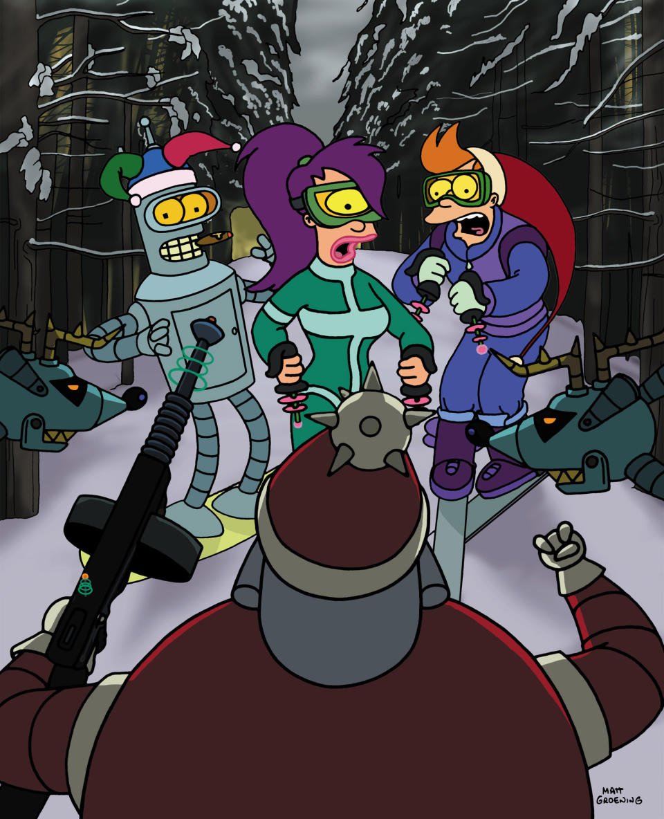 Bender, Leeloo and Fry come face to face with an evil, robotic Santa Claus in "Futurama"