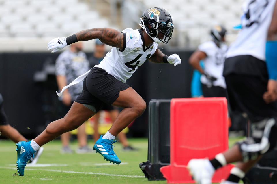 Jacksonville Jaguars linebacker Josh Allen (41) runs a play during the first day of a mandatory minicamp Monday, June 12, 2023 at TIAA Bank Field in Jacksonville, Fla. This is the first of a three day camp June 12-14. 