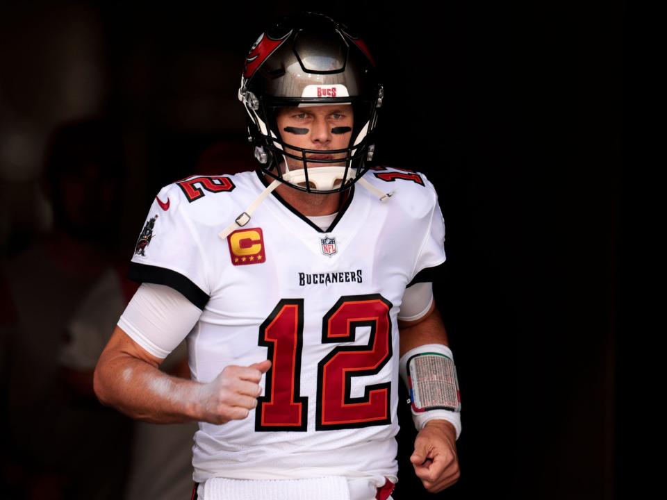 Tom Brady takes the field for a game against the Atlanta Falcons.