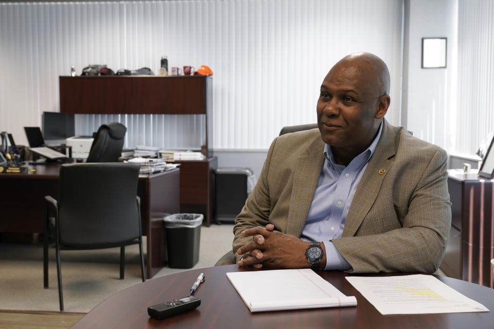 United Auto Workers president Ray Curry talks in his office in Southfield, Mich., Thursday, July 21, 2022. (AP Photo/Paul Sancya)