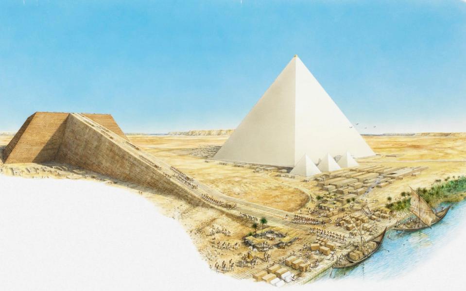 An illustration shows the Great Pyramid and the Pyramid of Khafre under construction, with boats delivering stone