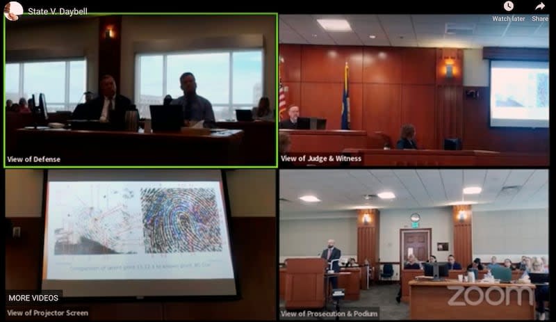 Zoom shows four angles of the Ada County Courtroom in Boise on Wednesday as forensic scientist Tara Martinez testifies during Chad Daybell's murder trial. | Judge Steven W. Boyce via YouTube