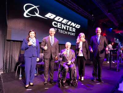 Today, Boeing announced a $2.3 million charitable donation to the Kelly Heritage Foundation. In attendance were (left to right) Dr. Adriana Rocha Garcia, District 4 Councilmember, City of San Antonio; Ron Nirenberg, Mayor, City of San Antonio; Greg Abbott, Governor, State of Texas; Stephanie Pope, President and CEO of Boeing Global Services; and Jim Perschbach, CEO, Port San Antonio. (Boeing photo)