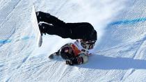 <p>Max Parrot of Canada crashes during the Snowboard Men's Slopestyle Final.</p>