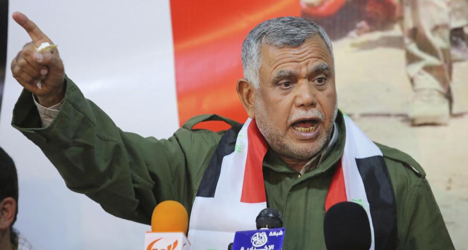 Head of the Badr Organisation Hadi al-Amiri speaks during a news conference on the outskirts of Diyala province, north of Baghdad February 2, 2015. Picture taken February 2, 2015. REUTERS/Stringer (IRAQ - Tags: CIVIL UNREST POLITICS MILITARY)