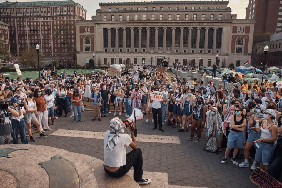 Protestors listen to a speaker during a pro-Palestinian encampment on Columbia University campus in New York City, on April 29.<span class="copyright">Andres Kudacki for TIME</span>