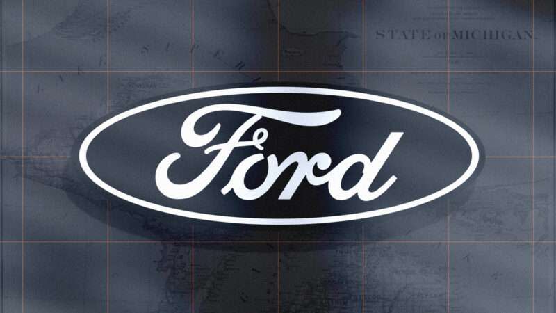The Ford logo against a map of Michigan.