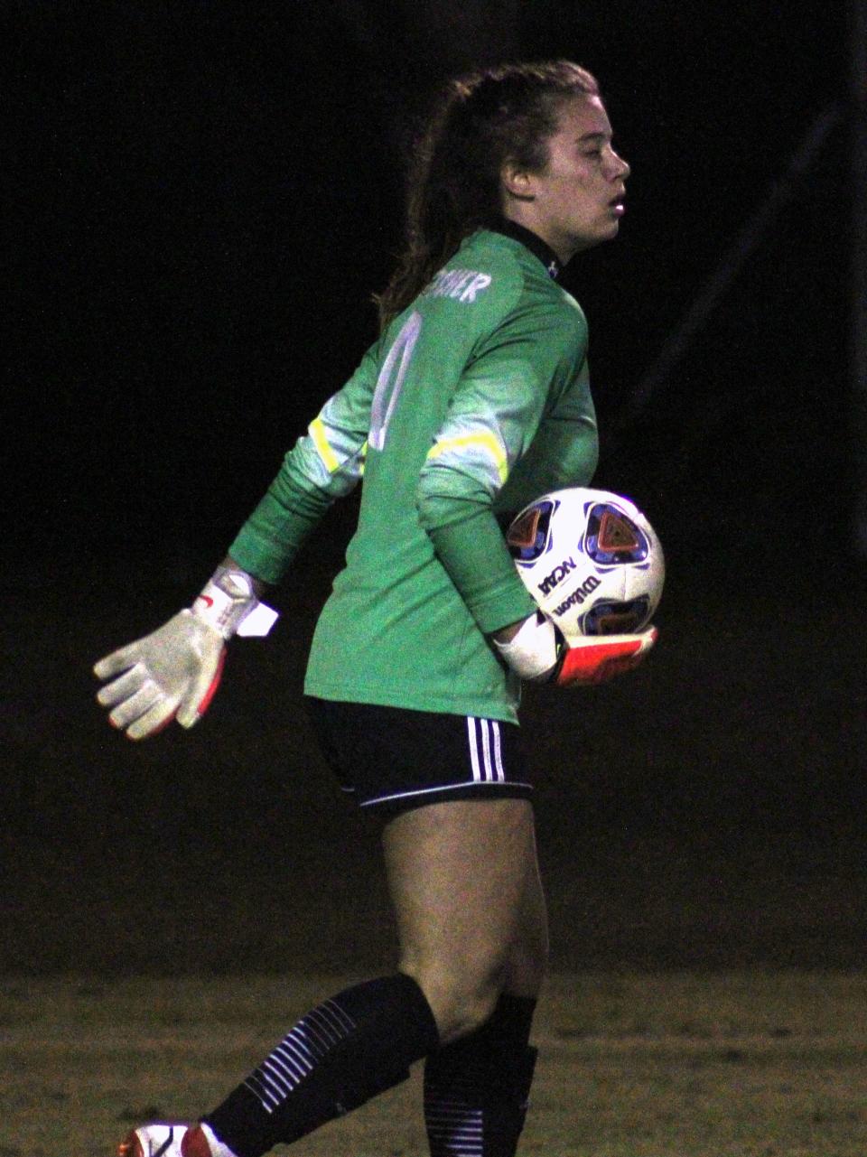 Fletcher goalkeeper Taylor Sweat directs teammates upfield before clearing the ball during a Gateway Conference high school girls soccer semifinal against Atlantic Coast on January 12, 2022. [Clayton Freeman/Florida Times-Union]
