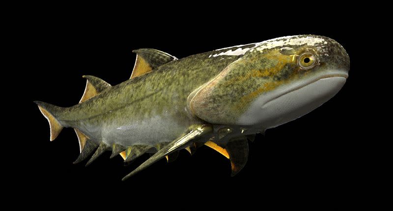 An artist's life reconstruction of the Silurian Period spiny shark-like fish Fanjingshania renovata