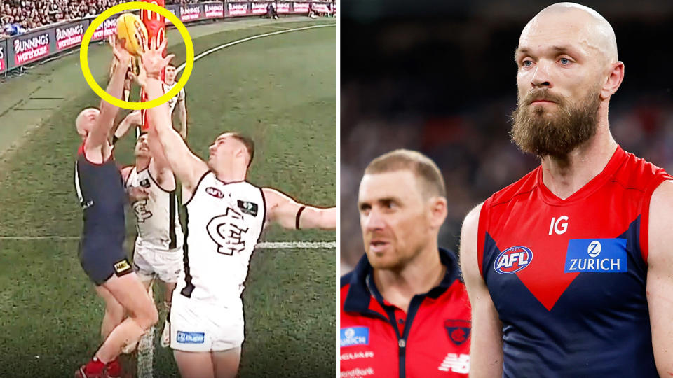 Max Gawn, pictured here preventing Melbourne from scoring the winning goal against Carlton.