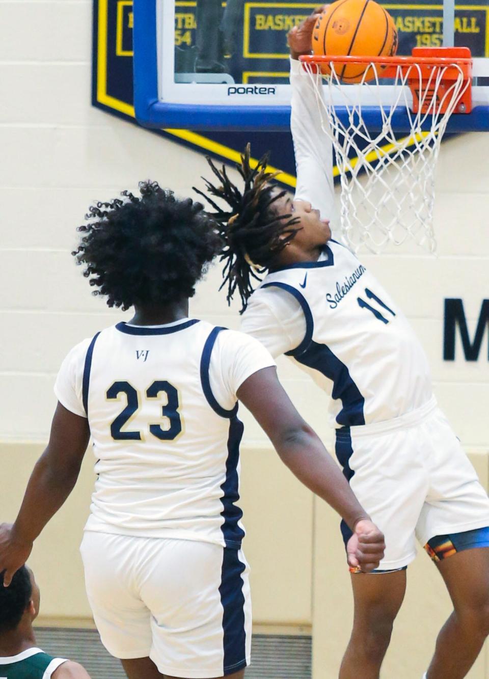 Salesianum's Isaiah Hynson slams in the second half of Salesianum's 65-51 win against Tower Hilll at home, Thursday, Feb. 2, 2023.